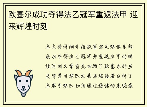 欧塞尔成功夺得法乙冠军重返法甲 迎来辉煌时刻